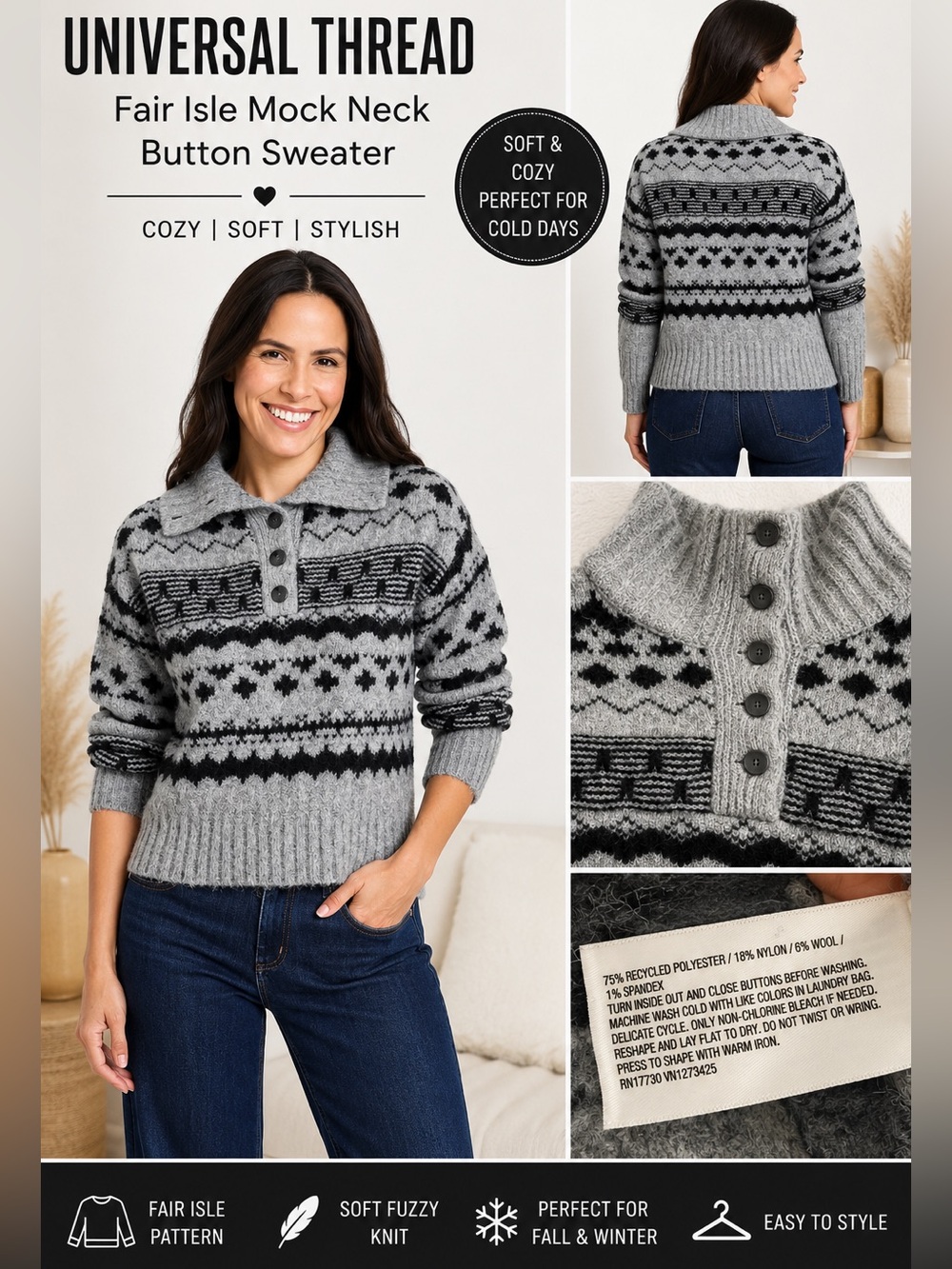 Universal Thread Gray and Black Fair Isle Mock Neck Button Sweater